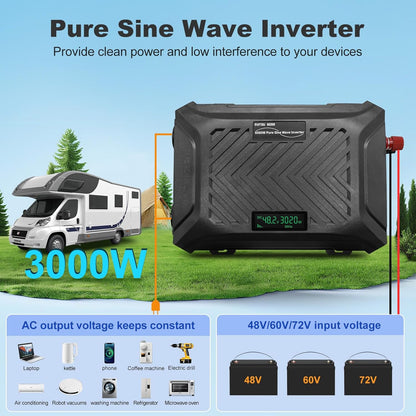 DATOUBOSS Universele spanningsomvormer 48 V/60 V/72 V naar 230 V 3000 W, zuivere sinus 6000 W piekvermogen, met instelbare ingangsspanning, lcd-display, 2 EU stopcontact