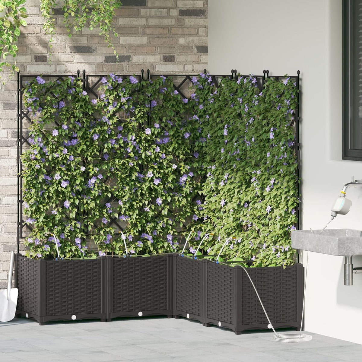 Garden Pots with Irrigation System, Pack of 5, Black, Modern Planters with Trellis for Climbing Planters, Balcony Decoration, Vertical Garden, Solid Construction, Simple - QUORE