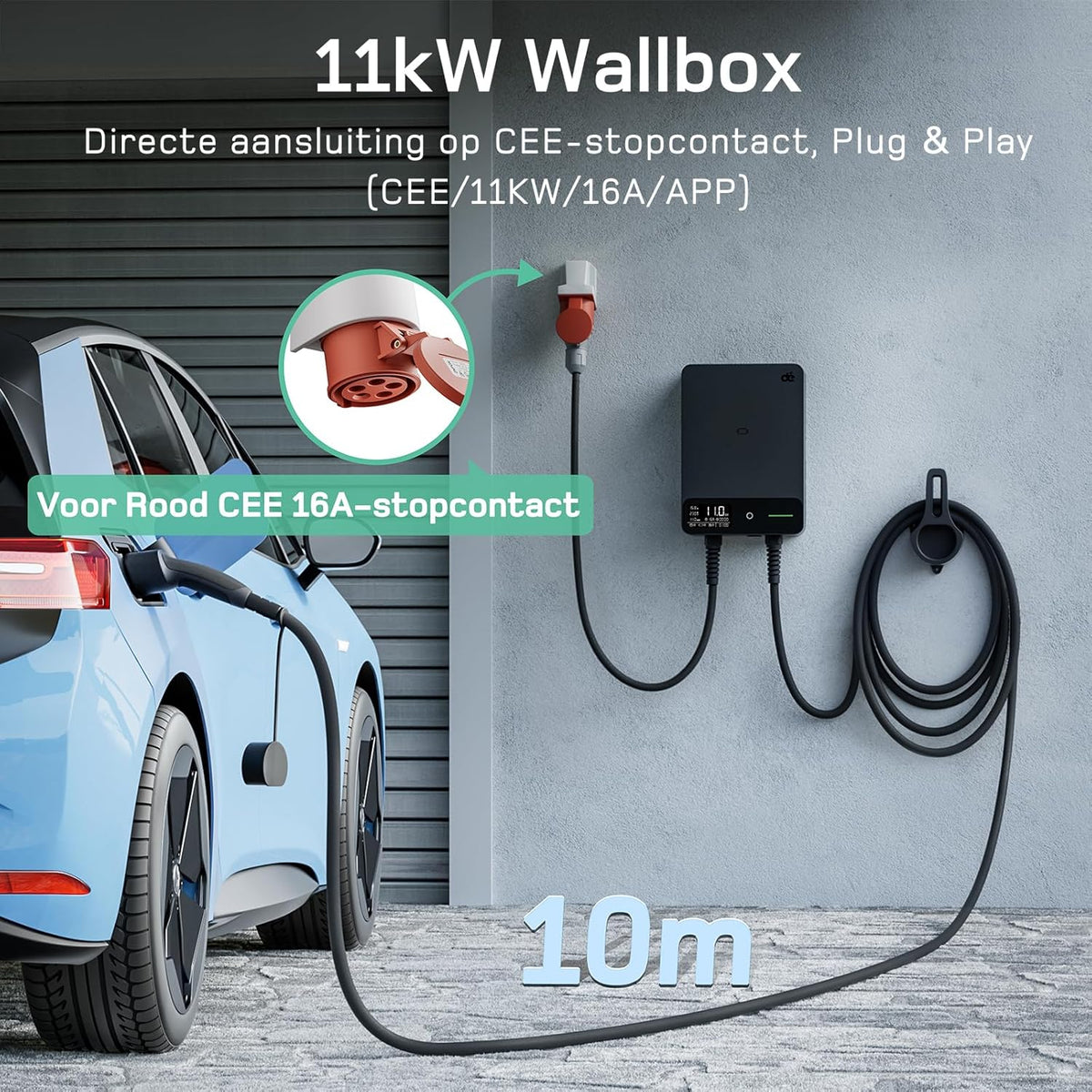dé Wallbox 11kW [10m, 6-16A, 3-Fase] EV Oplader 11kW met APP en RFID, EV-laadstation met Aardlekschakelaar Type B en IP54 Bescherming, voor BEV/PHEV, Zwart