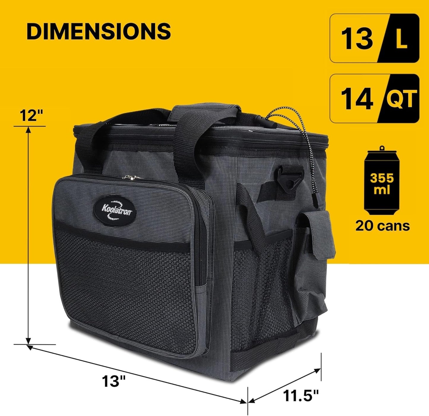 Koolatron Elektrische draagbare koeler, plug in 12V auto koeltas, 14 qt (13 L) Zwart/Grijs Soft-Sided Geen Ice Thermo Elektrische Draagbare Koelkast voor Camping, Verstelbare SchouderriemTravel Road