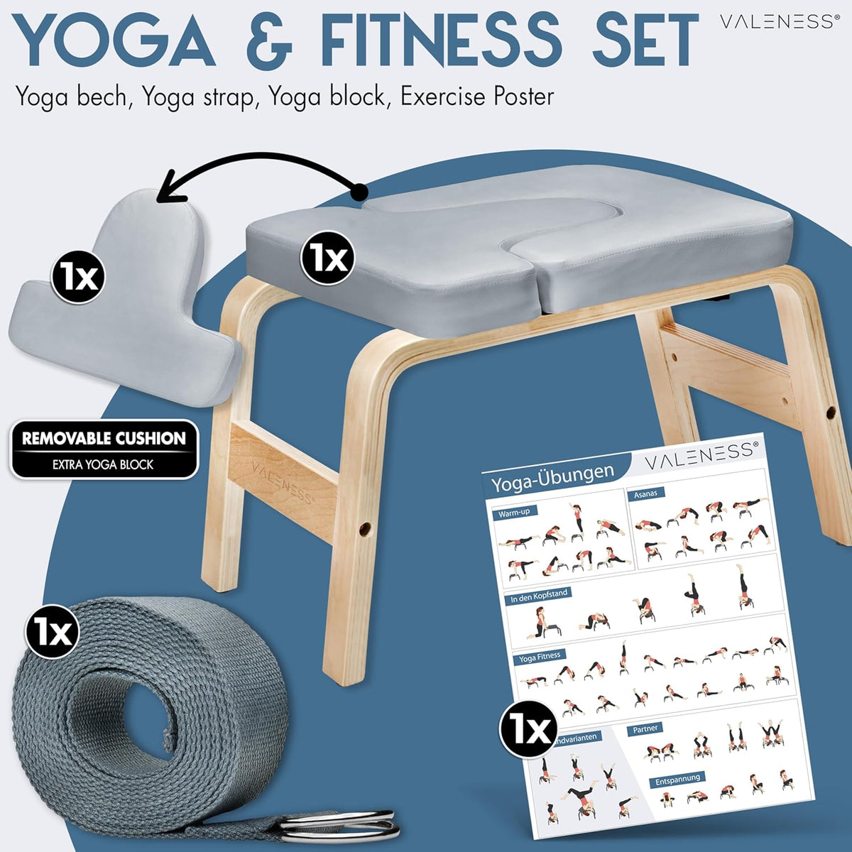 Yoga Hoogwaardig Headstand Bench Met Strijp, Blok & Oefenposters - Natuurhouten Yoga Stoel Voor Handstand Oefening - Textiel Grijs