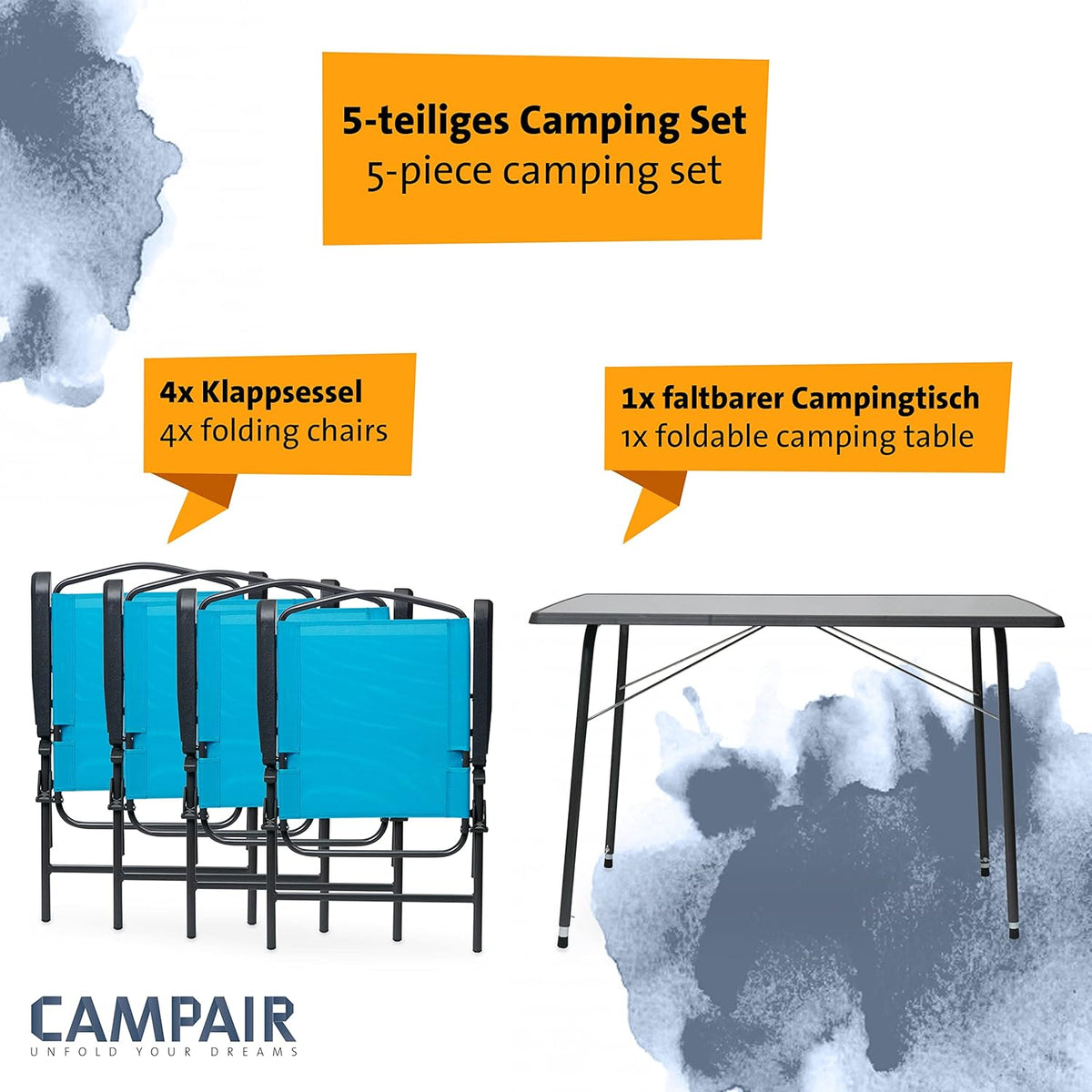 CampAir Campingmeubelset voor 4 personen, 5-delige campingset, in hoogte verstelbare campingtafel met 4 klapstoelen
