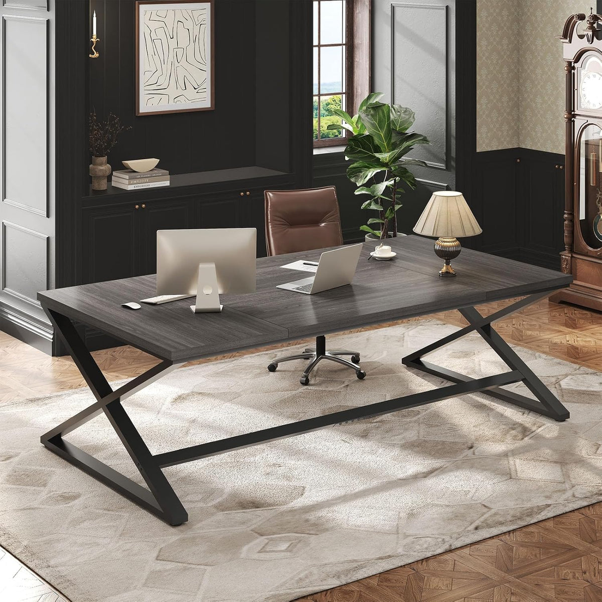 IBF Groot bureau, lange computertafel, industriële kwaliteit, voor thuis, kantoor, bureau voor slaapkamer, hout, metaal, computer, gaming, werkstation, computertafel, donkergrijs eiken