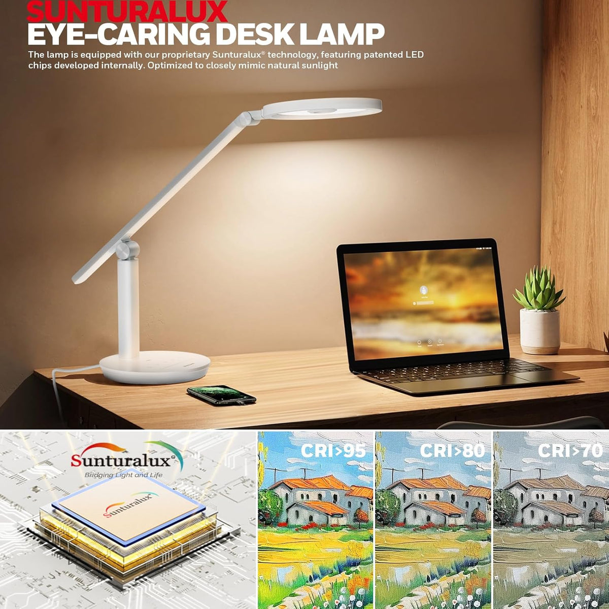 Honeywell Desk Lamp for Home Office, H6 Sunturalux Eye-Caring Led Desk Light, 800LM Dimmable Desk Lamp with Timer, Touch Control Tall Desk Reading Light, Table Lamp for Circle Webcam, Study, Bedroom