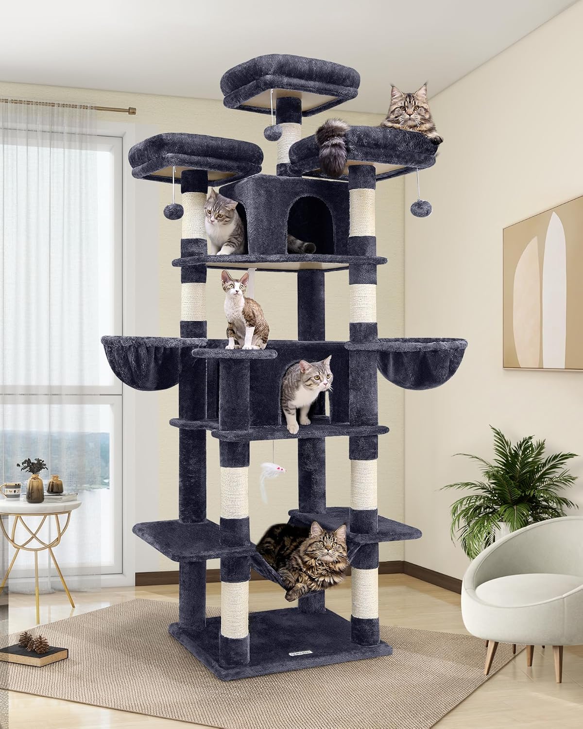 Kattenkrabpaal XXL – Krabmeubel – Kattenboom – Krabpaal – Speelmeubel – Extra Hoog 204 cm – Zachte Pluche Bekleding – 3 Afneembare Zitstokken – 2 Kattenhuisjes – Donkergrijs