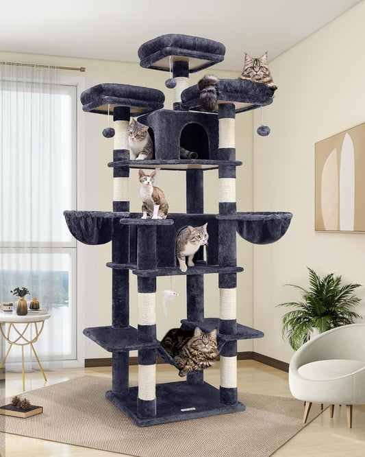 Kattenkrabpaal XXL – Krabmeubel – Kattenboom – Krabpaal – Speelmeubel – Extra Hoog 204 cm – Zachte Pluche Bekleding – 3 Afneembare Zitstokken – 2 Kattenhuisjes – Donkergrijs