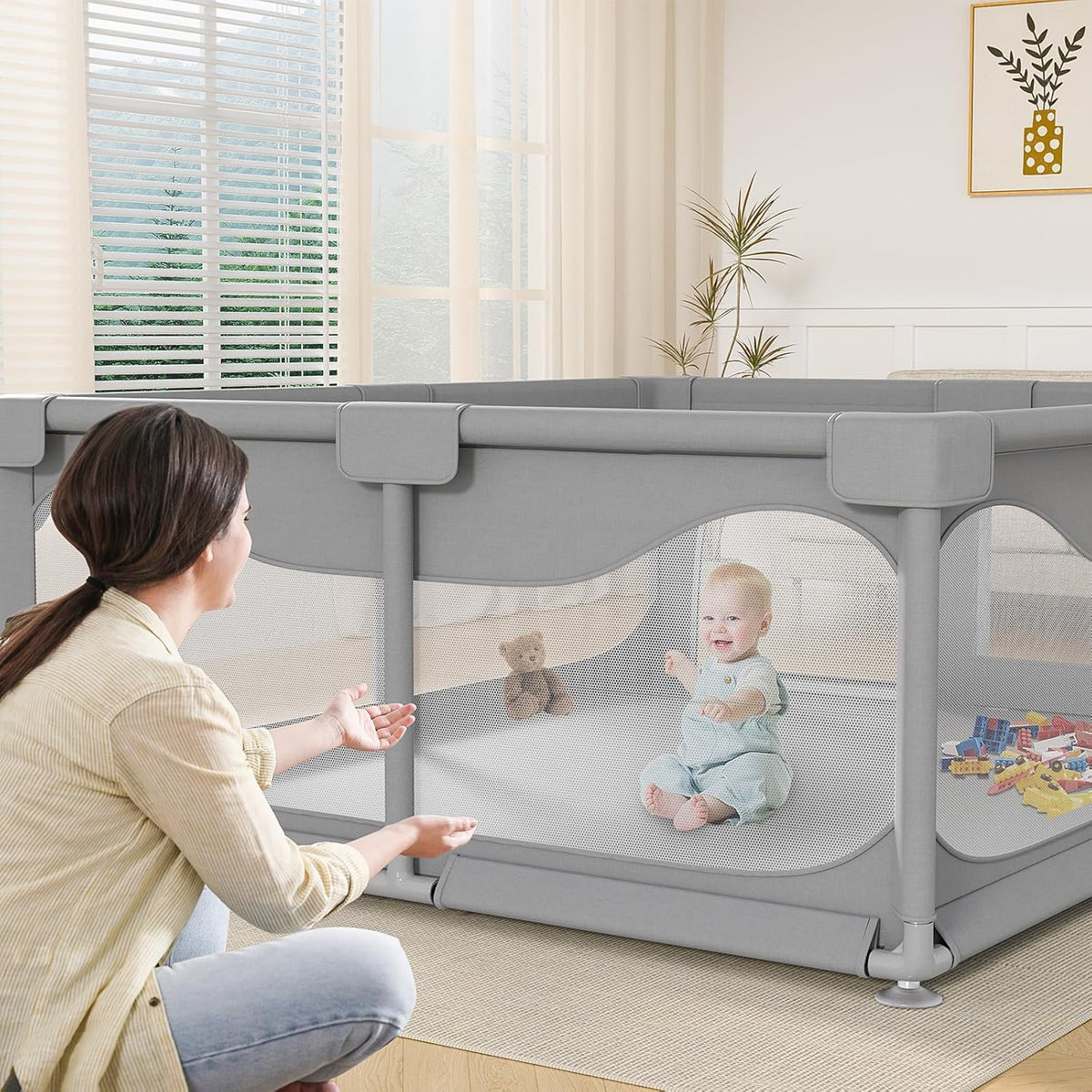 Baby Playpen 200 x 180 cm Large Improved 2025 Edition Playpen for Babies and Children with Non-Slip Bottom, Activity Centre for Children, Without Mats and Balls, Grey - QUORE