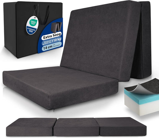 Beautissu Premium XL Vouwmatras 90x200 cm incl. Tas – Opvouwbaar Logeermartas Extra Dik 14 cm Traagschuim – Wasbare Hoes, Eenvoudig Transport & Hoog Slaapcomfort Opvouwbaar Gastenmatras – Grijs