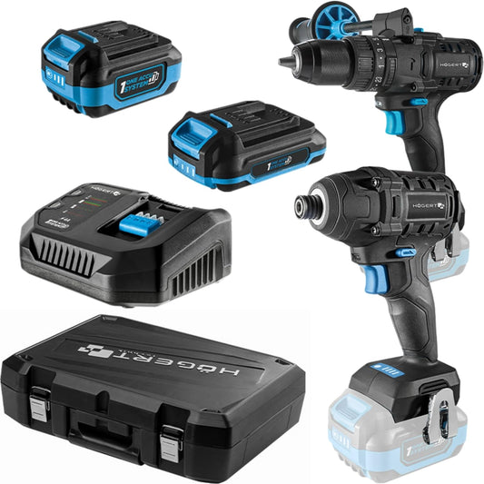 HÖGERT TECHNIK Accu-slagboorschroevendraaierset 18 V, 200 Nm & 100 Nm, 2 borstelloze slagschroevendraaiers, 2 x accu, 4 A oplader, ledverlichting, metalen aandrijving, voor hout en metaal