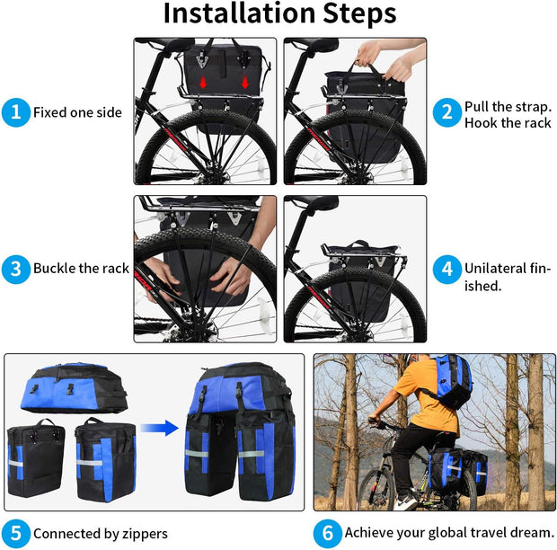 3-in-1 Fietstas - Fietstassen - Dubbele Fietstas - Multifunctioneel Bagagedragertas - Scheurvast - Grote Bagagetassen - met Regenhoes - 70L - Nylon - Blauw