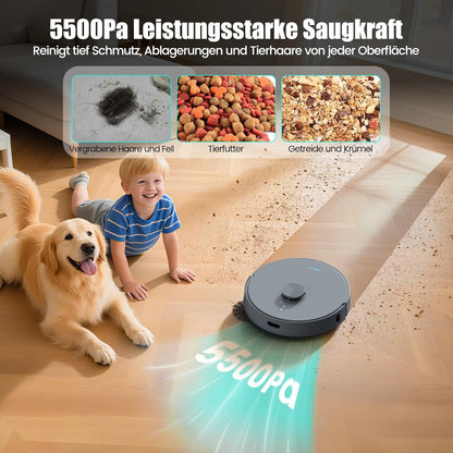 Robotstofzuiger – Robotstofzuiger met Afzuigstation – Automatische Stofzuiger – Dweilrobot – Smart Cleaning Robot – 5500 Pa Zuigkracht – LiDAR Navigatie met 240 Min Looptijd