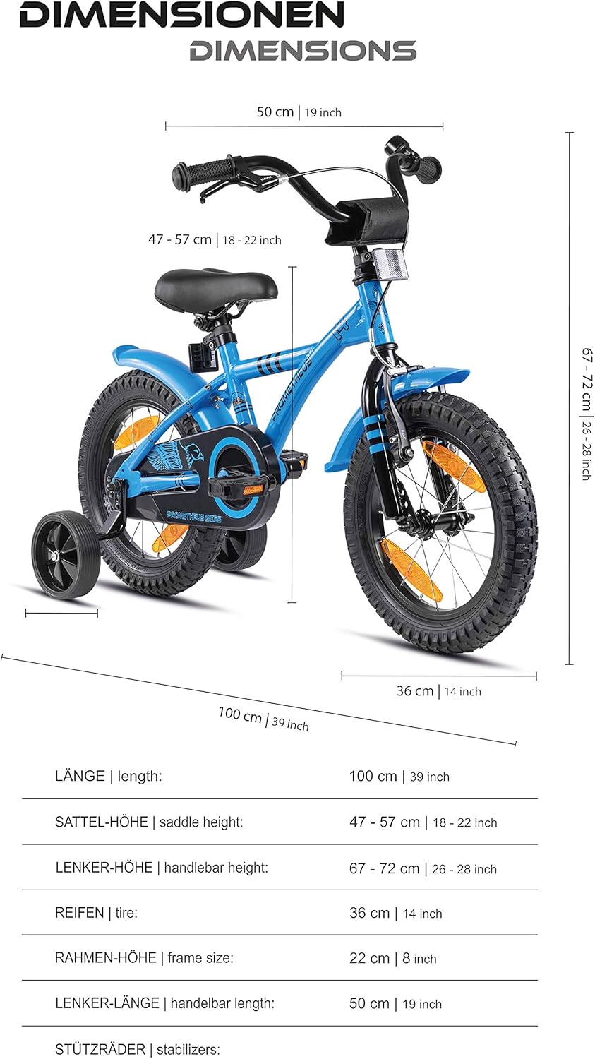 PROMETHEUS BICYCLES kinderfiets 14 inch fiets jongens meisjes van 4 jaar oude met zijwieltjes terugtraprem in blauw BMX