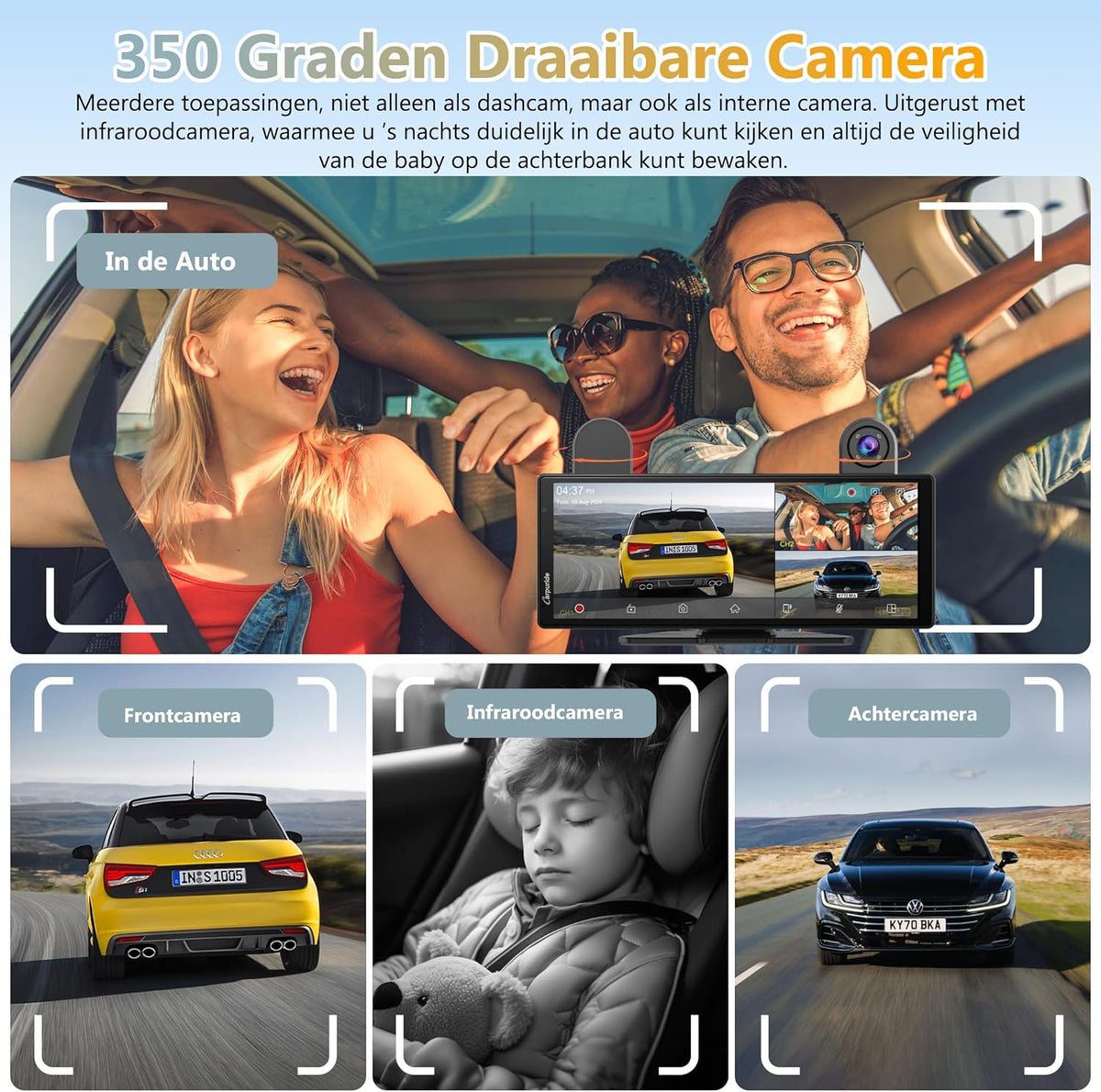 Carpuride W903S Draagbare Draadloze CarPlay & Android Auto met Dash Cam - HD IPS-Scherm, 4K-Frontcamera + 1080P-Achtercamera + 1080P-Infraroodcamera, Loop-Opname, Bluetooth, GPS, Siri, Muziek