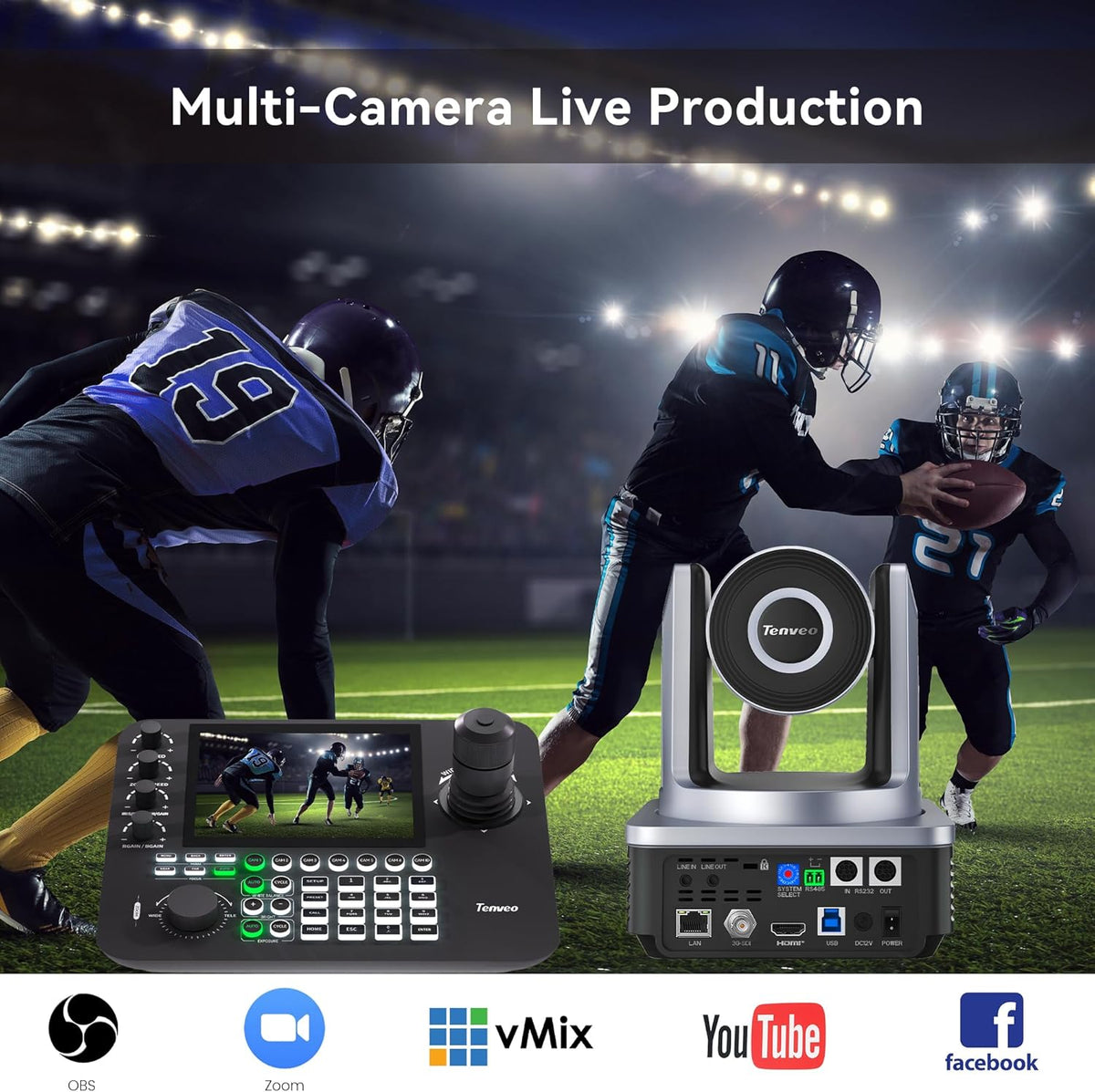 TEVO-VX20A-N-EU Tenveo NDI PTZ-camera met KI- menselijk & gezichtsauto-tracking, 20x optische zoom, 3G-SDI/HDMI/USB3.0/LAN(PoE) live streaming met Tally-licht & IP-display, voor live streaming