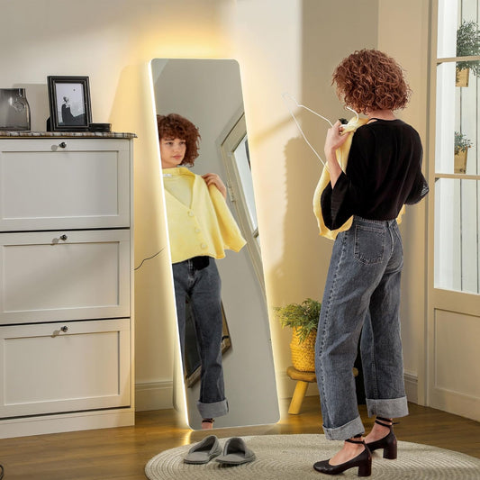 HOMCOM Ganzkörperspiegel 150 x 40 cm Standspiegel mit LED-Beleuchtung, 3 Lichtfarben, Wandspiegel mit Ständer, Touch-Schalter für Schlafzimmer, Wohnzimmer, Transparent - QUORE