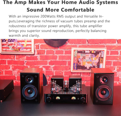 JTA100 2025 130 W buisversterker, hifi-versterker van instapklasse met BT 5.0, afstandsbediening, AUX, coax, phono en USB-ingang, subwoofer-uitgang, 2.1-kanaal voor platenspeler