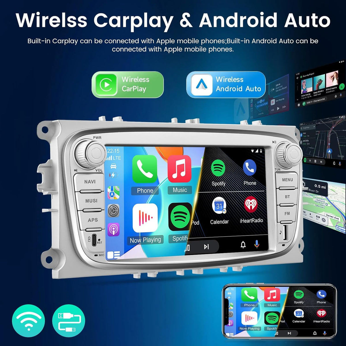 Android autoradio – Autoradio – Inbouwradio – Dubbel-DIN radio – Navigatiesysteem – 7 inch touchscreen – Android 13 4+64GB – Draadloze CarPlay & Android Auto