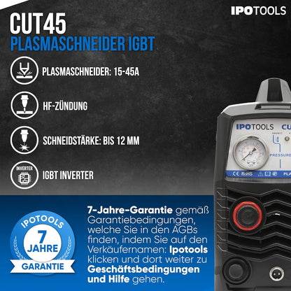 IPOTOOLS Plasmasnijder CUT-45R Plasmasnijder, 45A tot 12 mm snijvermogen, inverter, lasapparaat, plasma-snijder met IGBT/HF-ontsteking, blauw, 230 V