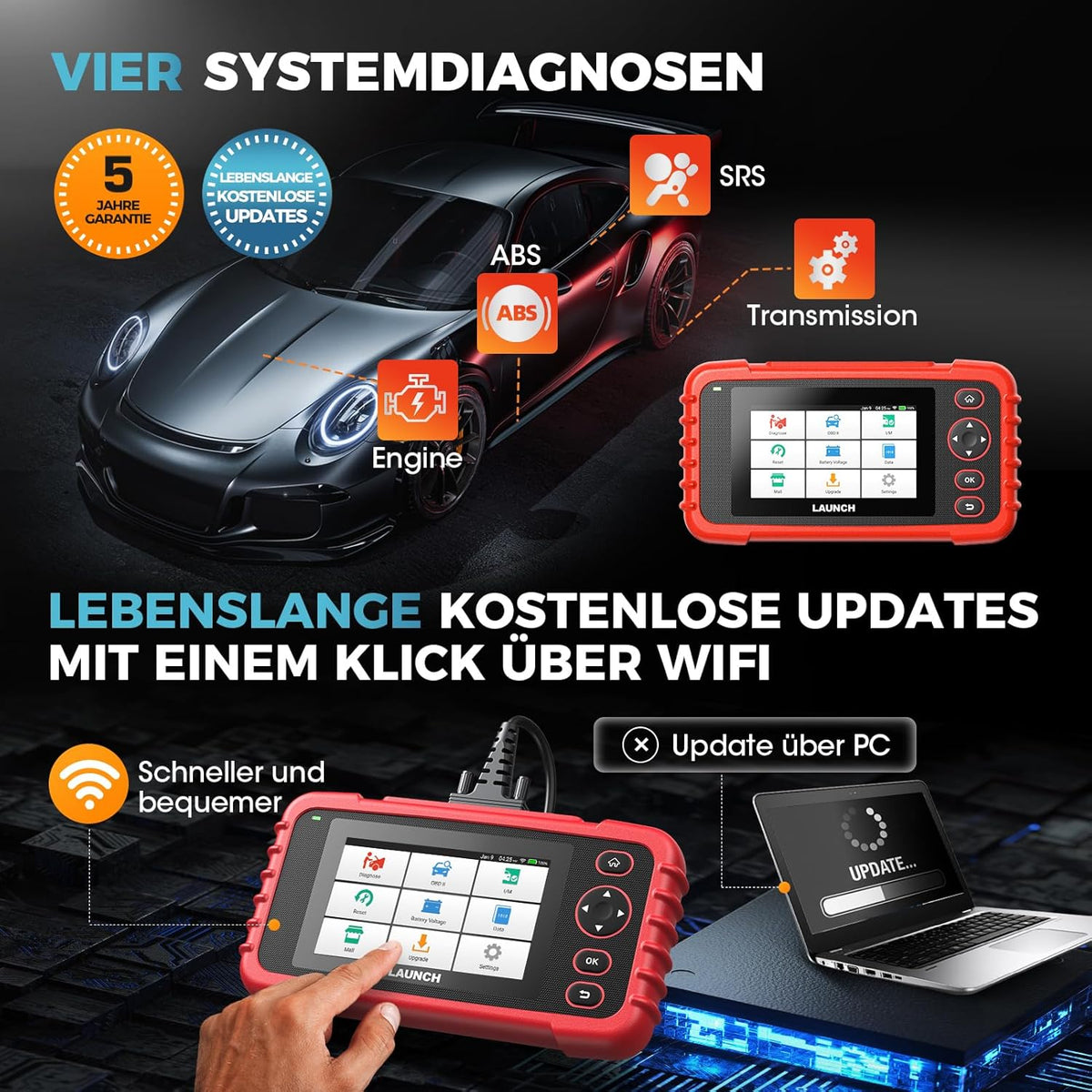 Launch CRP123X OBD2-autodiagnoseapparaat, professioneel diagnoseapparaat voor motortransmissie, ABS, SRS, met AutoVIN-service, wifi-updates, met SAS-kalibratie, gasklepreset, oliereset