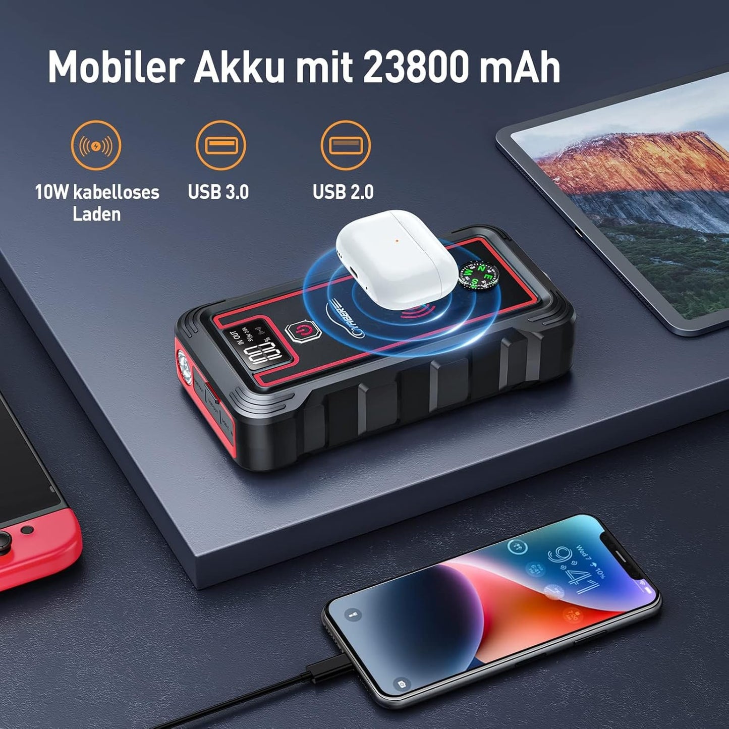 Starthulp Powerbank – Jumpstarter – Startbooster – Booster – Noodstarter – Voor 12V Auto, Motor, ATV En UTV – 5000 A Piekstroom – 23800 mAh Accu