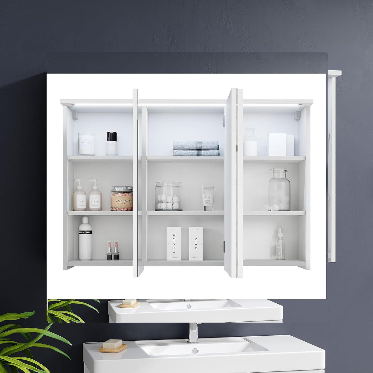 Stella Trading TWO Spiegelkast met ledverlichting in wit, badkamerspiegelkast met veel opbergruimte, 100 x 68 x 22,5 cm (b x h x d) - QUORE