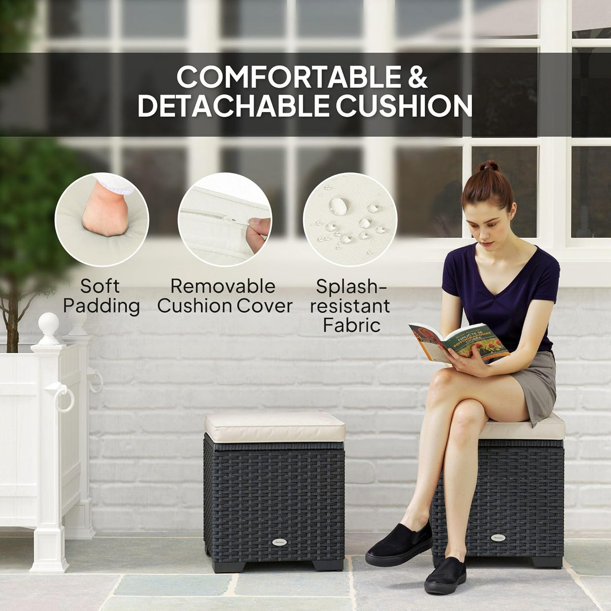Outsunny Set of 2 Rattan Storage Ottoman, Outdoor Footstool with Removable Cushions, Garden Storage Seat for Balcony, Porch, Living Room, Cream - QUORE