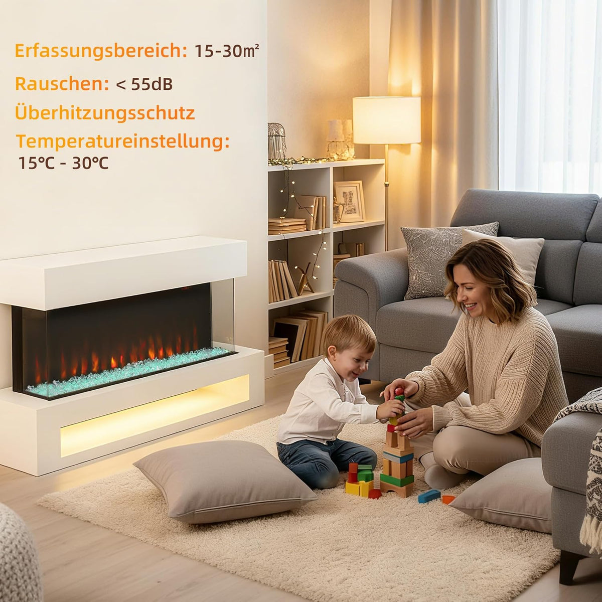 Elektrische Haard – Open Haard – Wandhaard – Sfeerverwarming – Decoratieve Haard – 2000W Vermogen – 11 Vlamkleuren & 10 Kristalopties
