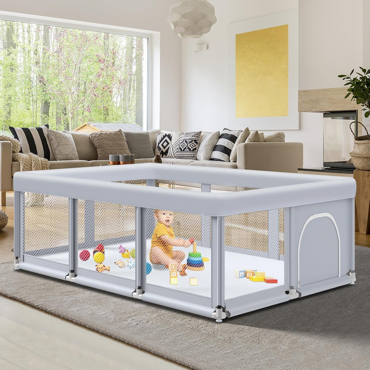 188cm×50" Large Baby Playpen Baby Playground for Babies and Toddlers, Baby Fence Play Pins for Indoor & Outdoor, Sturdy Safety Playground with Soft Breathable Mesh, Anti-Fall, Grey - QUORE