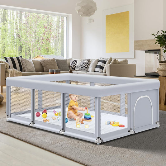 188cm×50" Large Baby Playpen Baby Playground for Babies and Toddlers, Baby Fence Play Pins for Indoor & Outdoor, Sturdy Safety Playground with Soft Breathable Mesh, Anti-Fall, Grey - QUORE