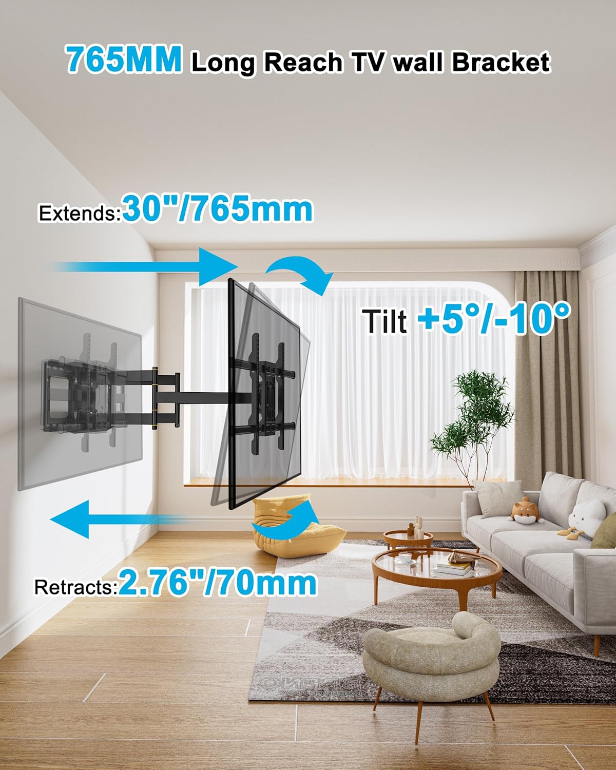 TV-muurbeugelbevestiging voor 50-95 inch – TV-beugel, TV-wandbeugel, Muursteun, TV-houder – Extra Lang Uitschuifbereik Tot 765 Mm – Tot 75 Kg, Geschikt Voor Platte En Gebogen Tv's