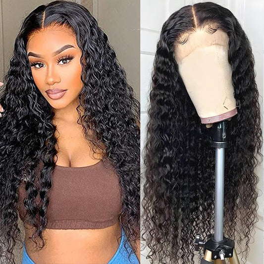 Braziliaanse pruik van echt haar, Deep Wave Lace Front, pruik voor dames, natuurlijk, Braziliaans krullend, 180% dichtheid, 13 x 4, kanten pruik, echt haar, zwart, natuurlijke kleur, voor vrouwen, 24