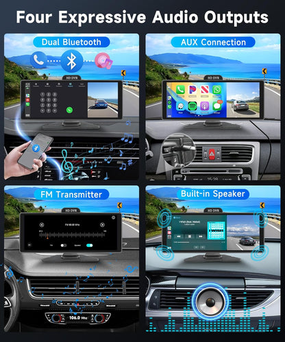 Podofo Carplay Draagbare autoradio, voor Android en Android, 10,26 inch touchscreen, ADAS FM-zender, USB/AUX/SD gedeeld scherm met achteruitrijcamera, 10 m, DC9-36 V