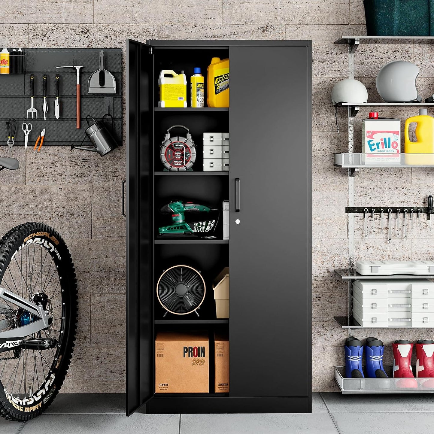 Steel Storage Cabinet, Steel Filing Cabinet with Lock, 4 Adjustable Shelves, Double Doors, Multifunctional Tool Cabinet for Study Room, Garage, Black