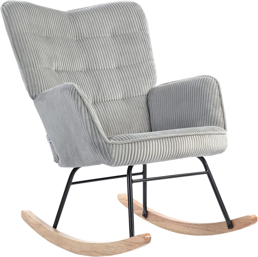 HOMCOM Rocking Chair with Corduroy Look Armrest Chair with Wooden Glides Relax Chair for Living Room, Bedroom, Light Grey - QUORE