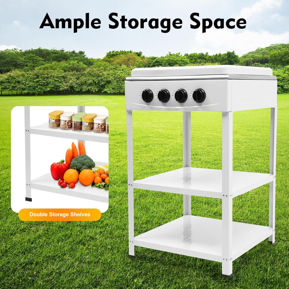 OUKANING 4-Flame Gas Stove Freestanding, Portable Outdoor / Indoor Gas Hob with Wind Protection and Dust Protection, Manual Flammable (Lpg/Ng), Non-Slip Feet and Heat Dissipation (White) - QUORE