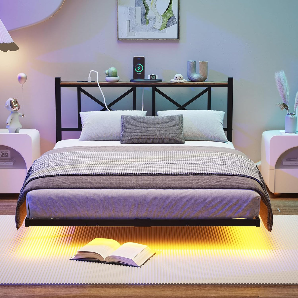 Bed met ledverlichting, modern zwevend bedframe met stopcontact en USB-oplaadfunctie, zwart, 140 x 200 cm