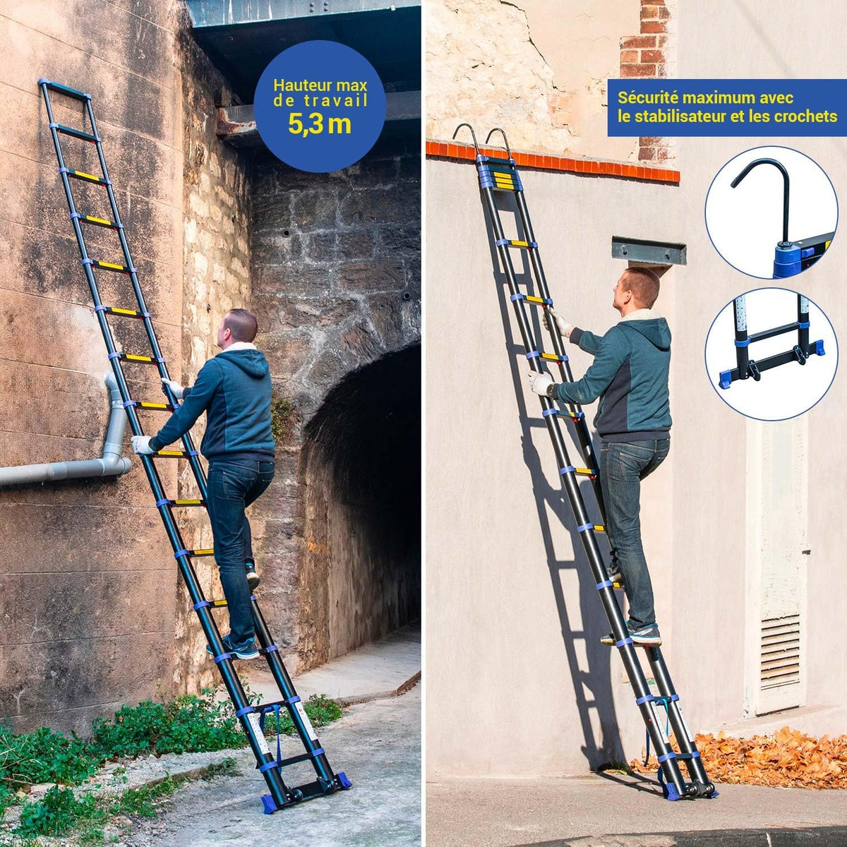 Telescopische ladder, 4,4 m, aluminium, opvouwbaar, uittrekbaar, multifunctioneel, werkhoogte max. 5,3 m, afneembare haken