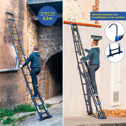 Telescopische ladder, 4,4 m, aluminium, opvouwbaar, uittrekbaar, multifunctioneel, werkhoogte max. 5,3 m, afneembare haken