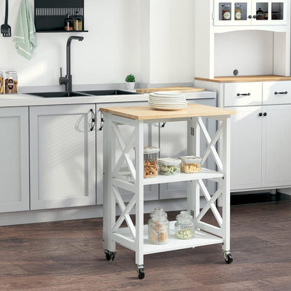 HOMCOM Kitchen trolley, serving trolley, serving trolley with shelf, 4 wheels, modern MDF, rubberwood, white, 60 x 40 x 84 cm - QUORE
