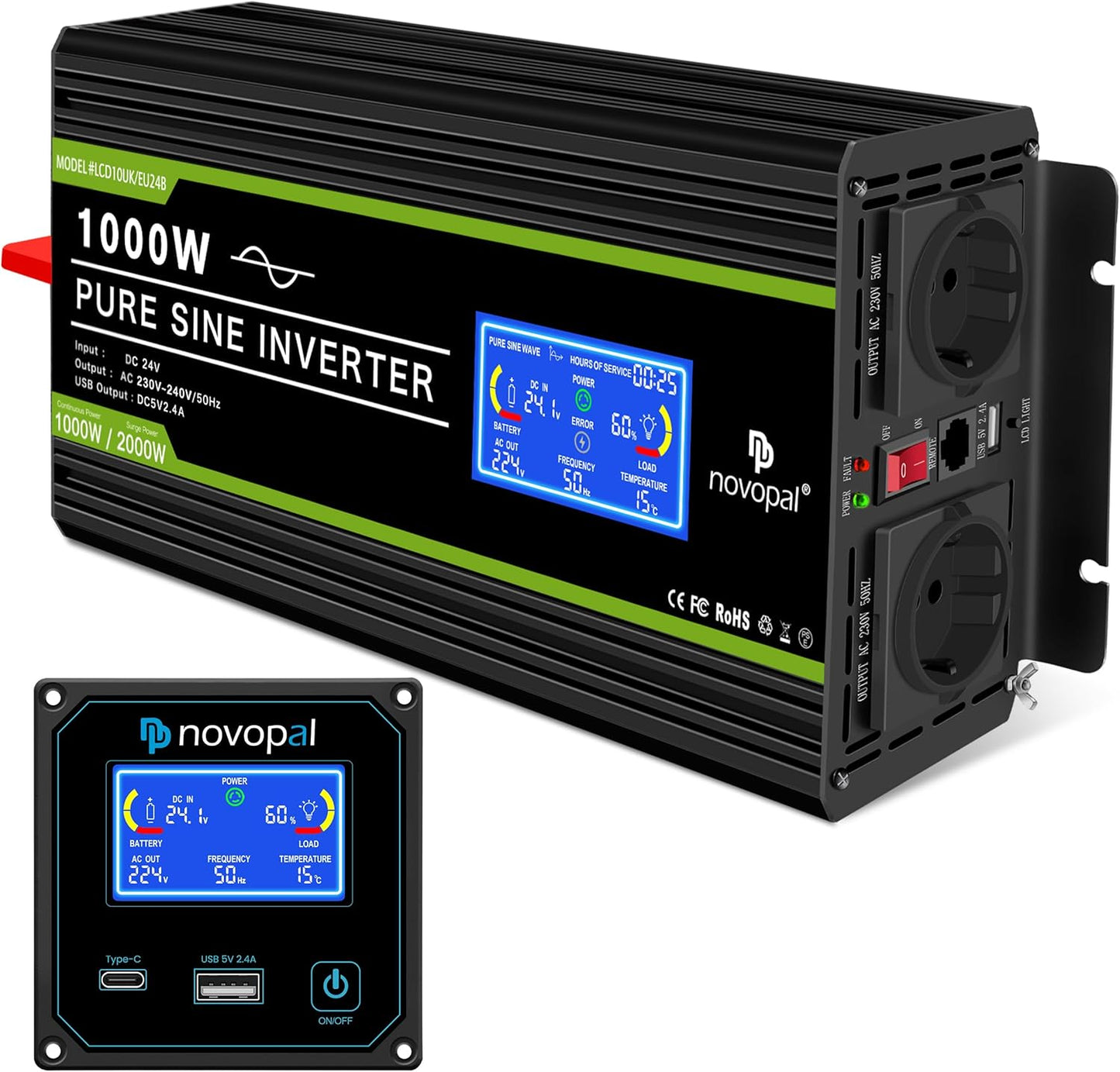 Omvormer 24V Naar 230V – Spanningsomvormer – Auto Omvormer – Inverter – Zuivere Sinus Omvormer – 1000W Continu Vermogen – 2 Stopcontacten En USB-Poort