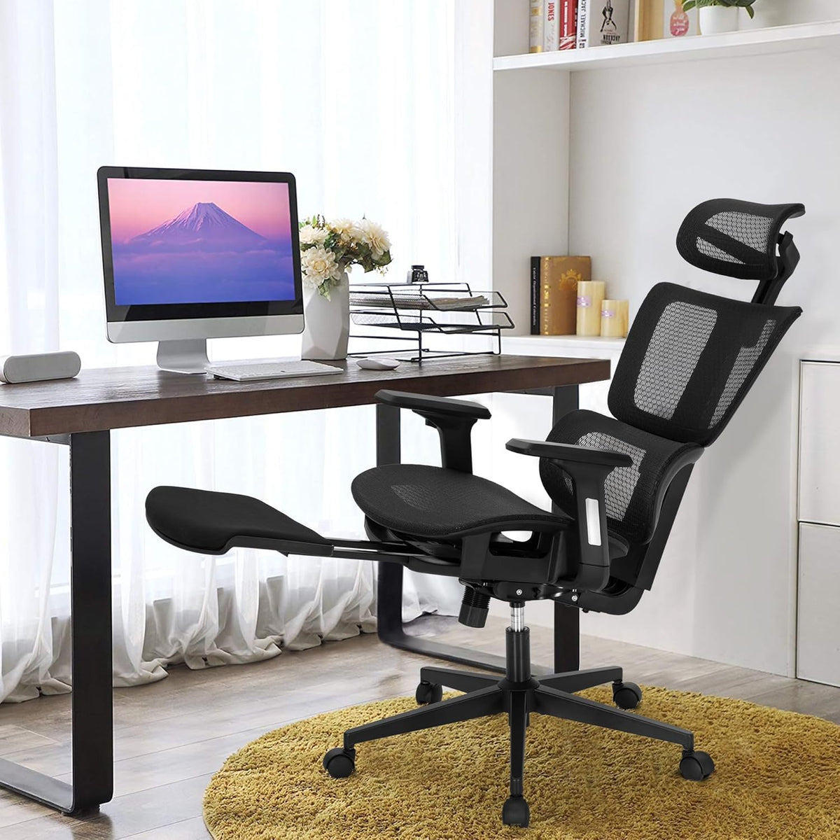 ALPHA HOME Office Chair Ergonomic Office Chair with Retractable Footrest High Back Manager Chair Computer Home Office Chair 90-130° Tilt Angle with 3D Armrest, Adjustable Headrest, Lumbar Support