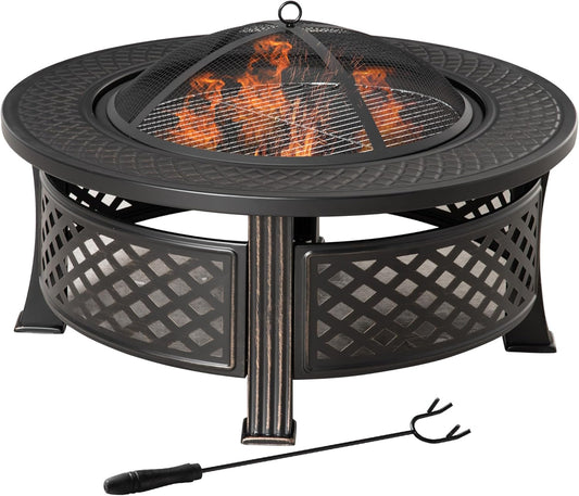 Outsunny fire bowl with poker spark protection fire pit fire table round fire pit for garden camping BBQ steel black 81 x 81 x 50 cm - QUORE
