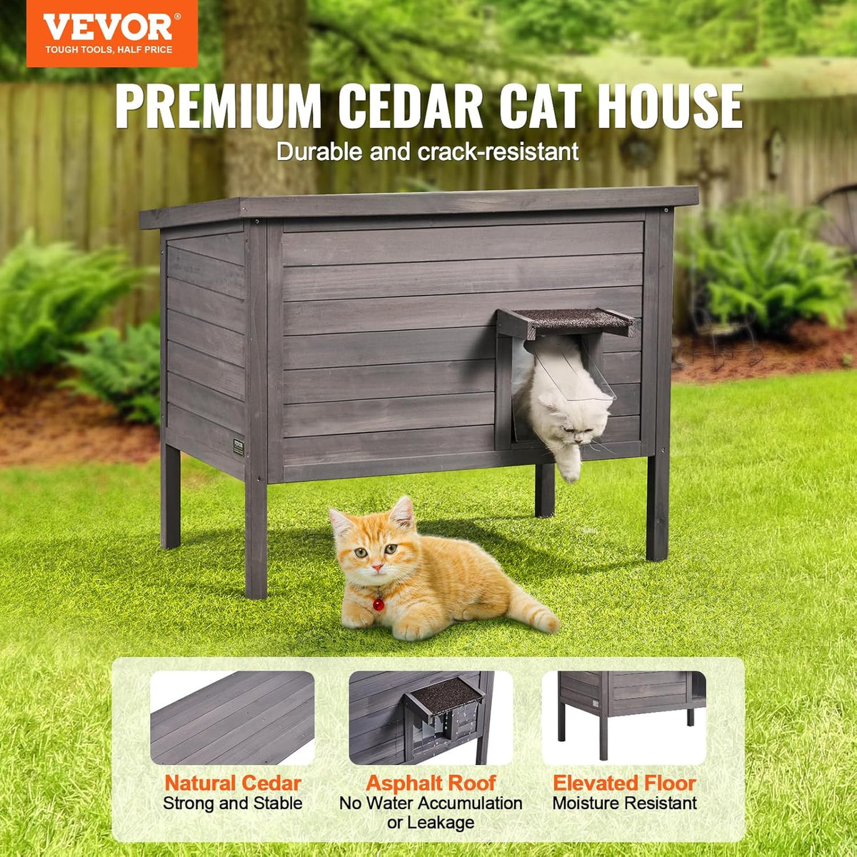 VEVOR Outdoor kattenhuis weerbestendig, wilde kattenschuilplaats voor meerdere katten, buiten houten kat konijnenhuis met rondom schuim geïsoleerd, open dak, PVC deurkleppen, 81 cm L x 65 cm B x 67 cm
