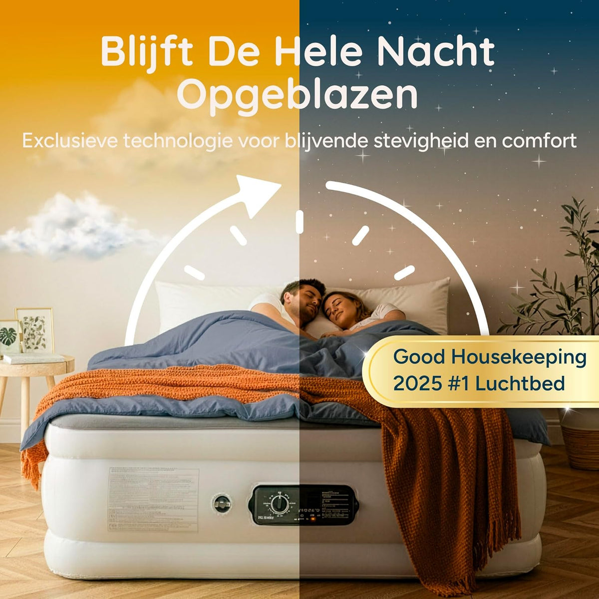 Huddle® NEVER DEFLATE™ Luxe King-size Luchtbed, Good Housekeeping 2025-winnaar, met Dual Pump SlumberGuard™ Technologie, instelbare stevigheid, ingebouwde pomp en USB-nachtlampje.