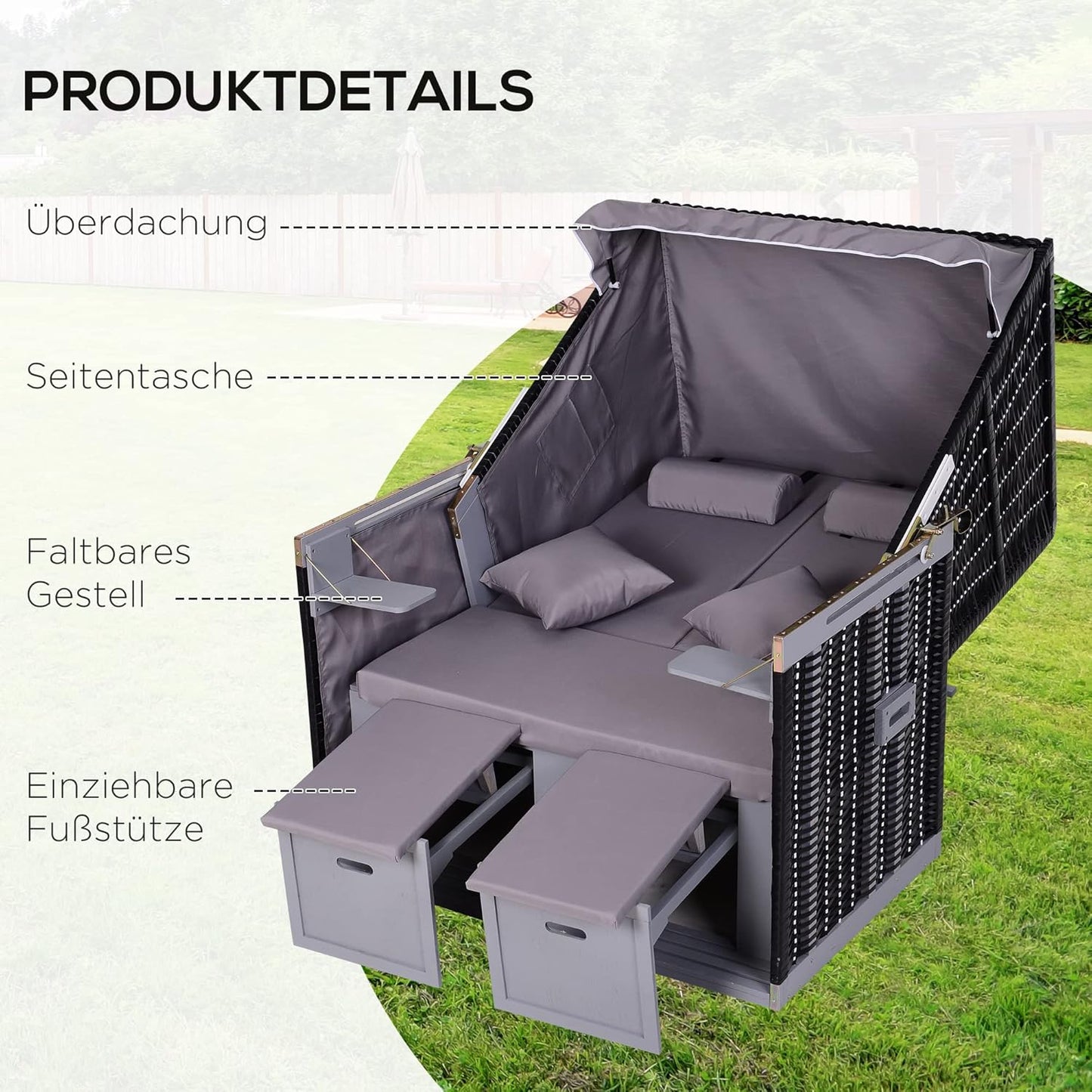 Outsunny Beach Chair Sun Lounger with Protective Cover for Cup Holders PE Rattan Grey 118 x 79 x 150 cm - QUORE
