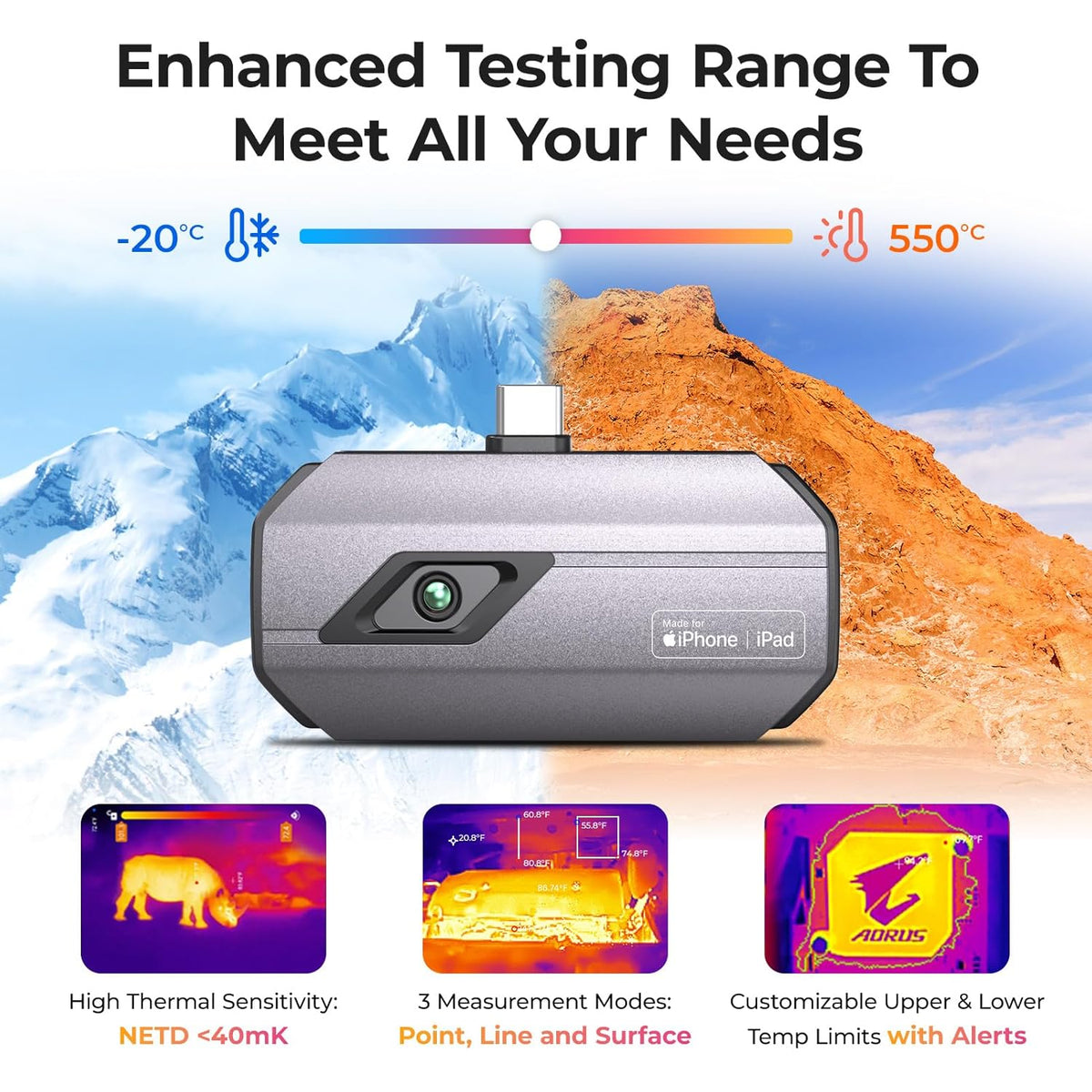 TOPDON TC002C-A Warmtebeeldcamera voor iPhone 15/16-serie en iPads, 512 x 384 TISR IR-resolutie, -20 °C tot +550 °C temperatuurbereik, 25 Hz, infraroodcamera met type C-aansluiting voor lekken