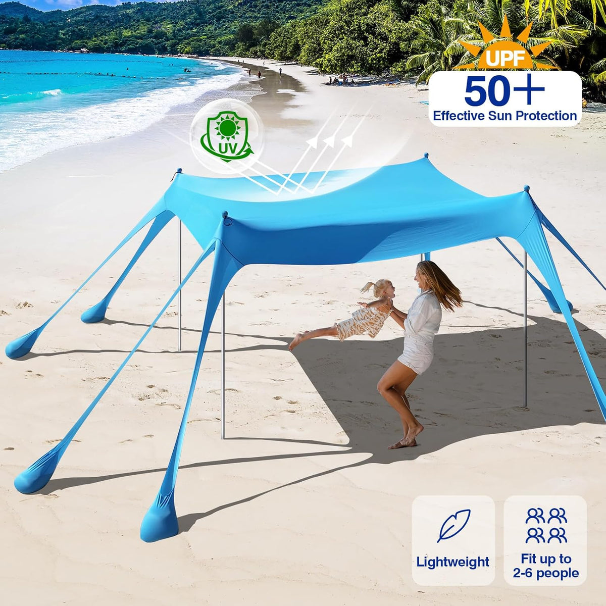 Rhino Valley Strandtent, 7 x 6,5 FT strandschaduw UPF50+ bescherming, strandluifel met 8 zandzakken, 4 stabiliteitspalen, outdoor strandtent, zonnescherm voor zand, camping, visbenodigdheden