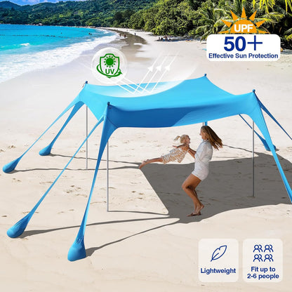 Rhino Valley Strandtent, 7 x 6,5 FT strandschaduw UPF50+ bescherming, strandluifel met 8 zandzakken, 4 stabiliteitspalen, outdoor strandtent, zonnescherm voor zand, camping, visbenodigdheden