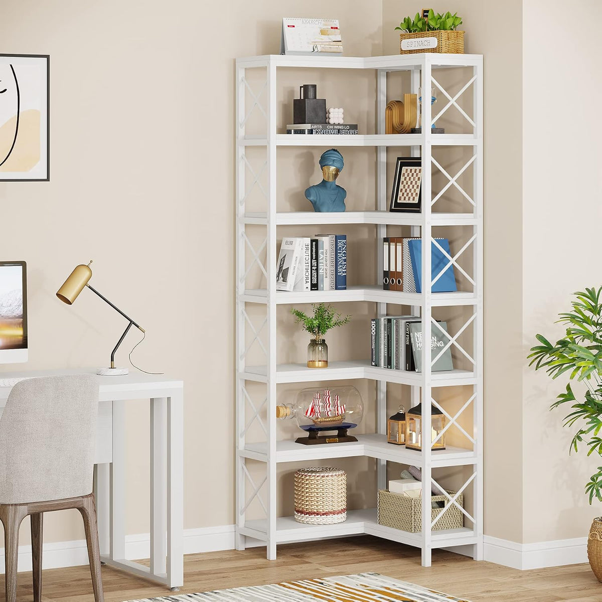 Tribesigns Corner Rack with 7 Shelves, Large Modern Corner Shelf, 7 Stories Corner Shelf with Metal Frame for Living Room, Home Office (White)