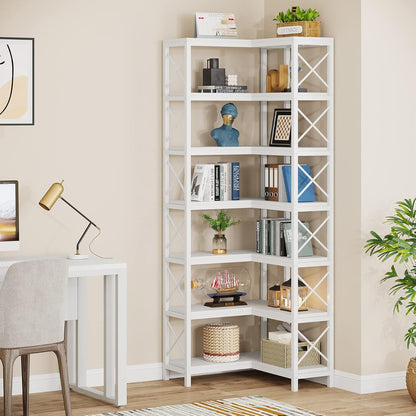 Tribesigns Corner Rack with 7 Shelves, Large Modern Corner Shelf, 7 Stories Corner Shelf with Metal Frame for Living Room, Home Office (White)